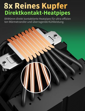 upHere Охолоджувач процесора up2KC8 з RGB підсвічуванням, подвійна вежа, 8 теплових трубок, 120мм вентилятор, сумісний з AMD AM4/AM5 та Intel 2011/2066