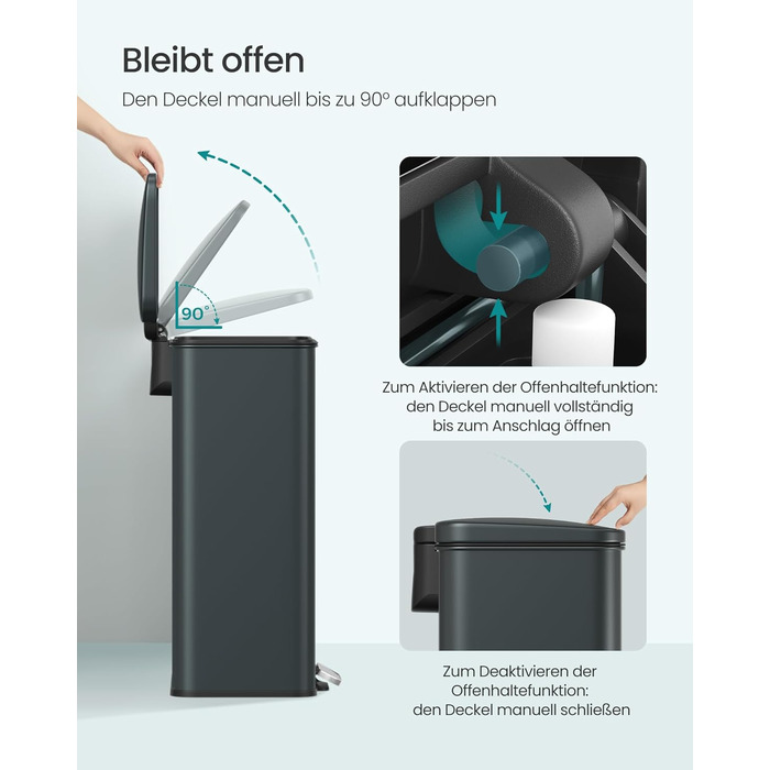 Відро для сміття SONGMICS 40 л з педаллю, сталеве, Softclose, сірий антрацит, з мішками (LTB540A02)