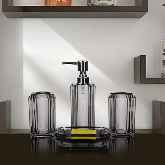 Набір аксесуарів для ванної кімнати з акрилу преміум-класу (4 шт.): дозатор для дезінфектора, диспенсер для лосьйону, мильниця, стакан для ополіскувача, стакан для зубної пасти (щіткова чорна/сіра)