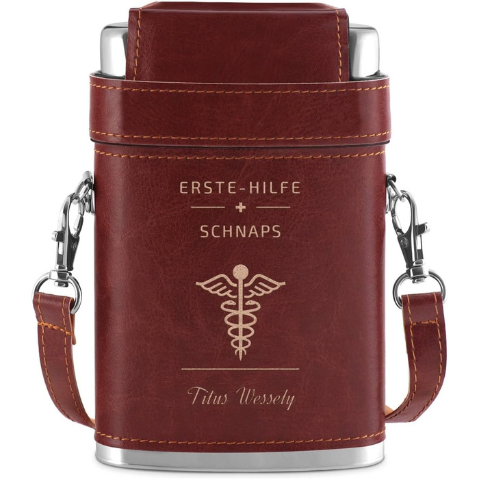 Термос Maverton з гравіюванням, 250 мл, з нержавіючої сталі, 3x10 мл піпетки, шкіряне етикетування з ремінцем, подарунок на день народження та інше, срібно-коричневий, для надання першої допомоги