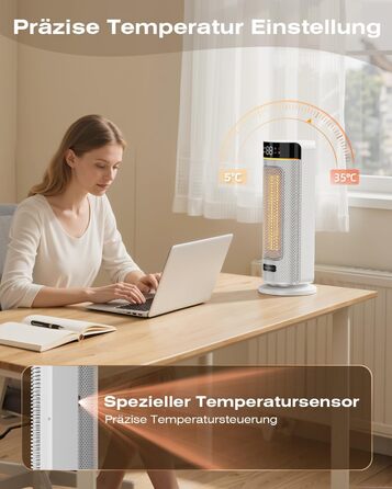 Електричний обігрівач MYCARBON 43 см для ванної кімнати - тихий (32 дБ), 1900 Вт, ECO режим, таймер 12 годин, осциляція, енергозбереження, PTC кераміка, пульт дистанційного керування, термостат для ванної, спальні, вітальні, офісу, білий