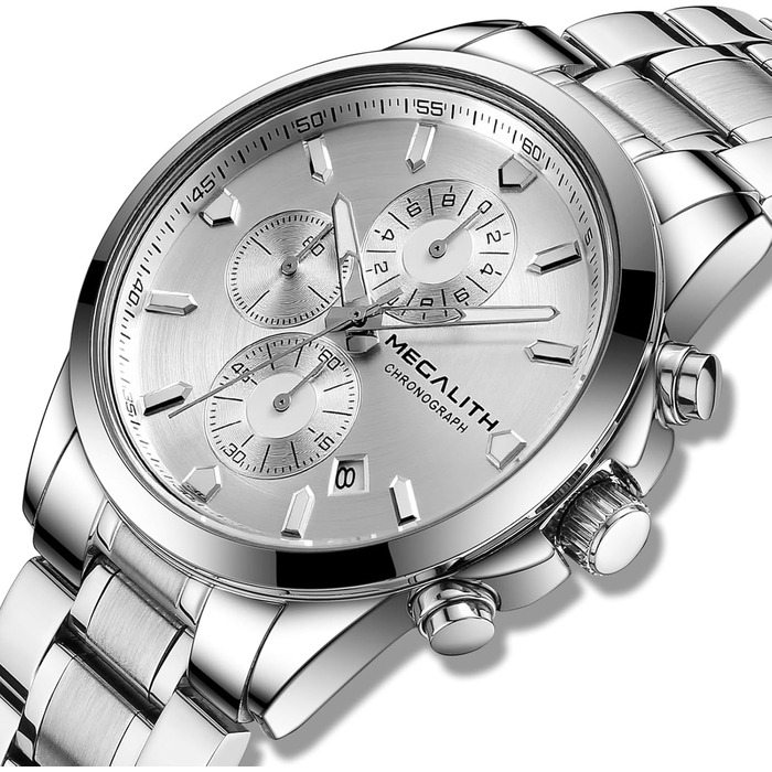 MEGALITH Чоловічий годинник з нержавіючої сталі, Хронограф, Водостійкий, Аналоговий годинник для чоловіків, Бізнес-дизайн, Календар, Світіння (B-silver)
