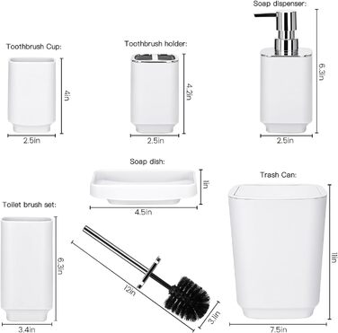Сучасний 6-частинний набір для ванної кімнати білого кольору з дозатором для мила, тримачем для зубних щіток, мильницею, щіткою для унітазу, сміттєвим відром та склянкою з пластику та металу, білий