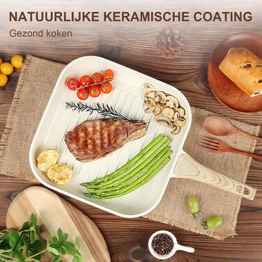 GiPP Гриль-сковорода 28x28 см для стейків, алюмінієва з гранітним антипригарним покриттям, індукція, без PFOA, для всіх плит, біла