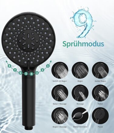 Душова лійка SR SUN RISE з фільтром, шланг та картриджі, 9 режимів, високий тиск, для жорсткої води, видаляє хлор, важкі метали, бактерії, чорний колір