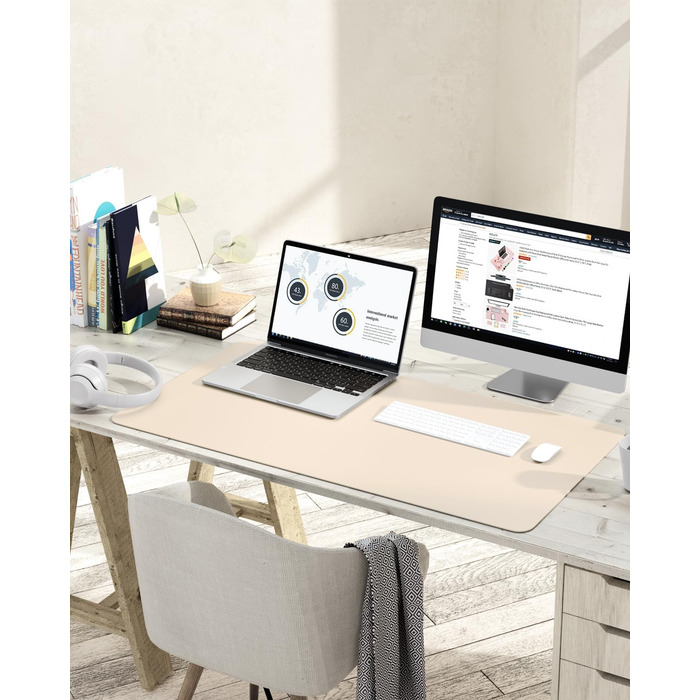 Офісний килимок для миші та столу YSAGi зі шкіри та антиковзким замшем, 90x43 см, бежевий