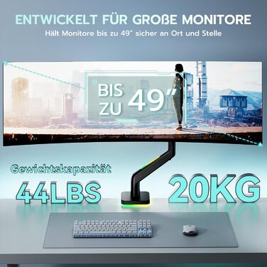 Кріплення для монітора ARES WING RGB - тримач для ігрового монітора, 17-49 дюймів, підходить для важких (20 кг) та вигнутих моніторів, регульована висота, чорний