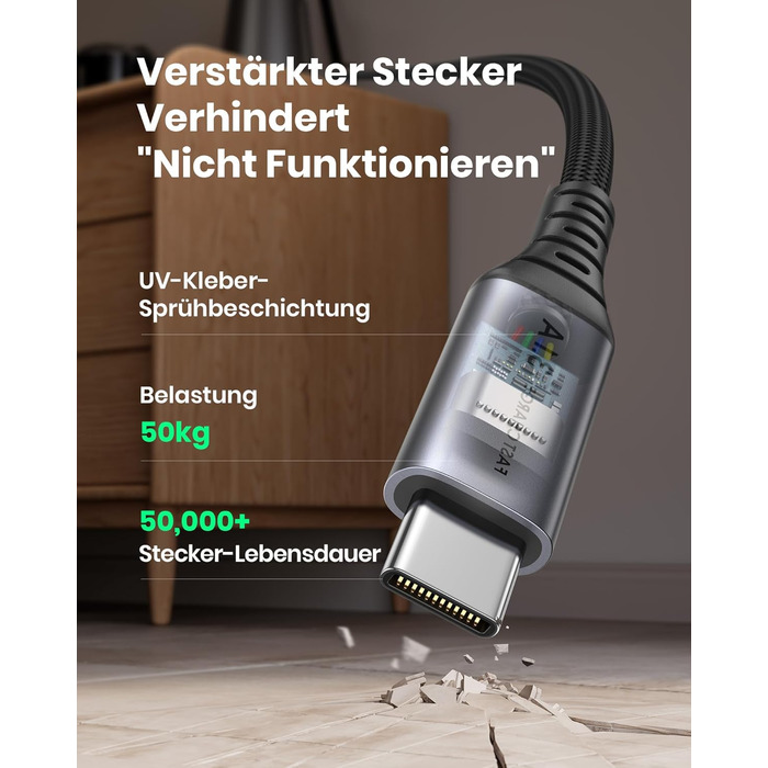 Кабель USB-C на USB-C, 3.1A, 2м, нейлон, чорний - для iPhone, Samsung, Google Pixel