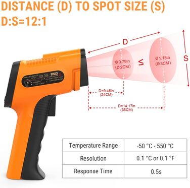 Інфрачервоний термометр ThermoPro TP30 -50°C ~ 550°C, вимірювання температури, лазерний, MAX/MIN/AVG, для клімату, авто, підлоги, °C/°F