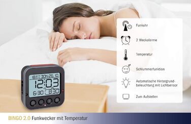 TFA Dostmann Bingo 2.0 Digital Radio Alarm Clock with Temperature Display, Plastic, Black, (L) 95 x (W) 41 x (H) 96 mm