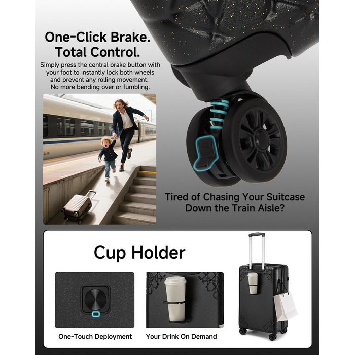 Набір валіз Sea Choice 3 шт. з жорстким корпусом, розширюваний, легкий, з 4 колесами, з тримачем для напоїв та TSA замком, чорний