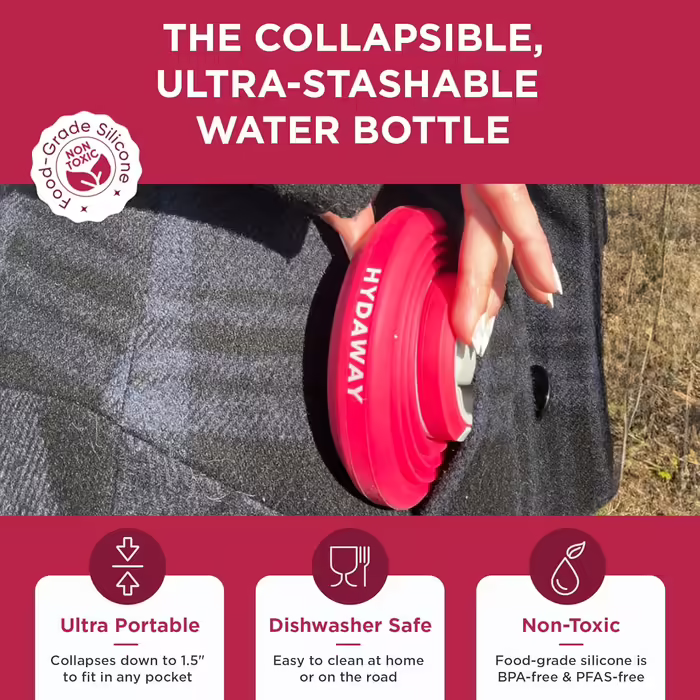 HYDAWAY | Collapsible Water Bottle with Spout Lid | Ultra-Packable and Travel-Friendly | Made of Food-Grade Silicone | 500 ml (Raspberry)