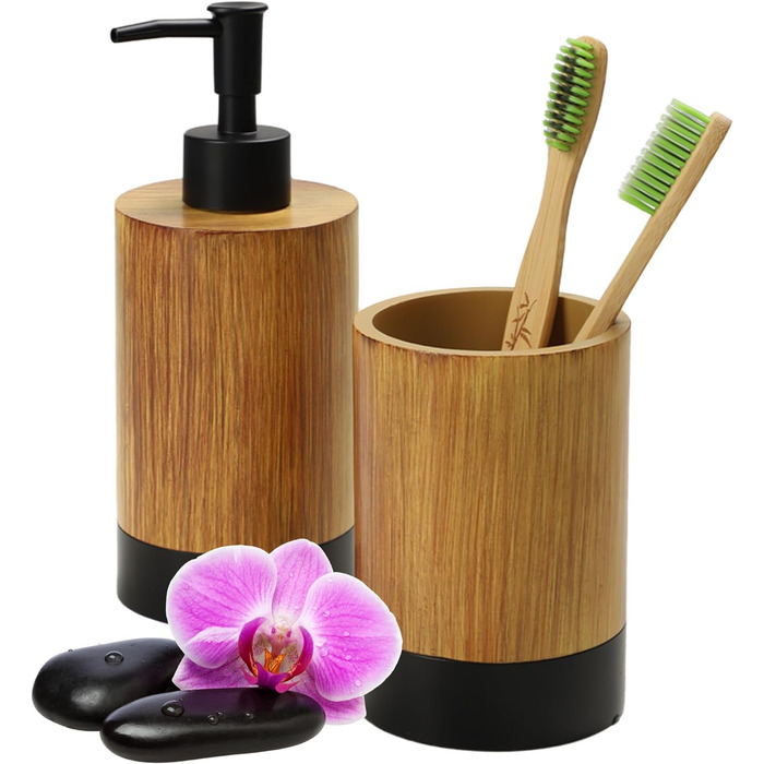 Набір для ванної кімнати KADAX: мильниця та стакан для зубної пасти з імітацією дерева (чорний)
