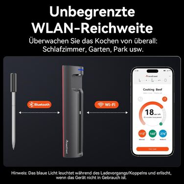 Meatmeet Pro бездротовий термометр для м'яса з Wi-Fi та Bluetooth, водонепроникний IP67, з таймером і додатком, для барбекю, духовки, гриля, кухні, вертіла