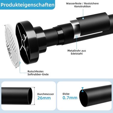 Штанга для душу без свердління з нержавіючої сталі, телескопічна, регульована 70-195 см, чорна