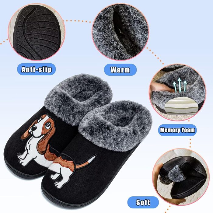 Тапочки домашні жіночі/чоловічі з вишивкою у вигляді собаки, теплі, з плюшевою підкладкою, зимові, чорні (42/43 EU)