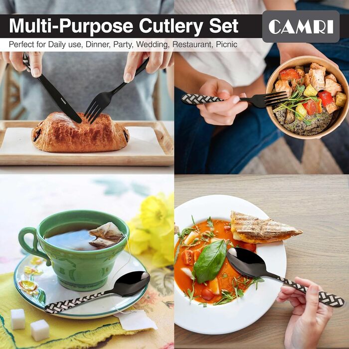 CAMRI Набір столових приборів – 16 предметів з нержавіючої сталі. Набір столових приборів, ножі, виделки, ложки. Комплект на 4 особи, придатний для миття в посудомийній машині. Кріз-чорний візерунок.