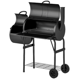 Сталевий вугільний гриль Outsunny BBQ Smoker з кришкою, термометром, колесами, полицею, мобільний гриль-візок з регулюванням подачі повітря, кошик для вугілля, вугільний гриль для барбекю, кемпінгу, саду 109x60x120 см | Aosom
