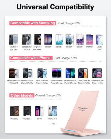 Бездротовий зарядний пристрій NANAMI Qi з адаптером USB-C 20W PD, сумісний з iPhone 17/16/15/14/13/12 Pro Max XR 8 та Samsung Galaxy S25/S24/S23/S22 (рожевий)