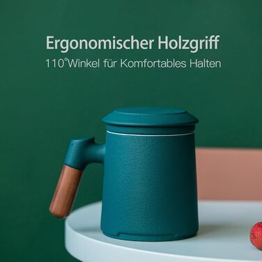 ZENS Teacup with Lid and Infuser, 360 ml Wooden Handle Teacup with Tea Strainer and Lid for Loose Leaf Tea, Matte Ceramic Teacups Gifts for Tea Lovers, Hand-Sprayed Dark Green Glaze
