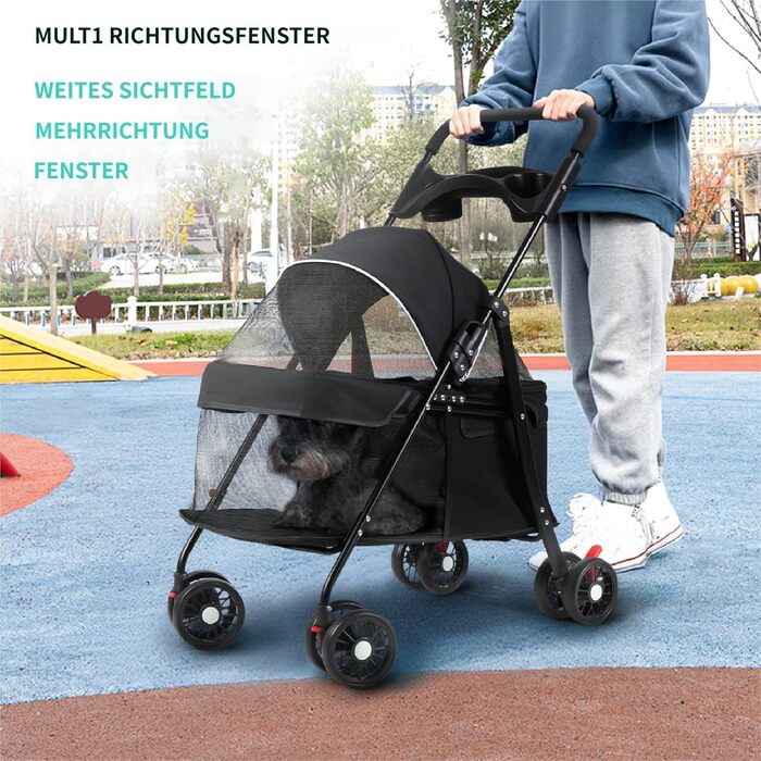 Візок для собак 2в1 до 15 кг, бугі для собак з тримачами для напоїв, переноска для собак, складна, з гальмом, візок-болер для собак, 48x68x95 см (Чорний)