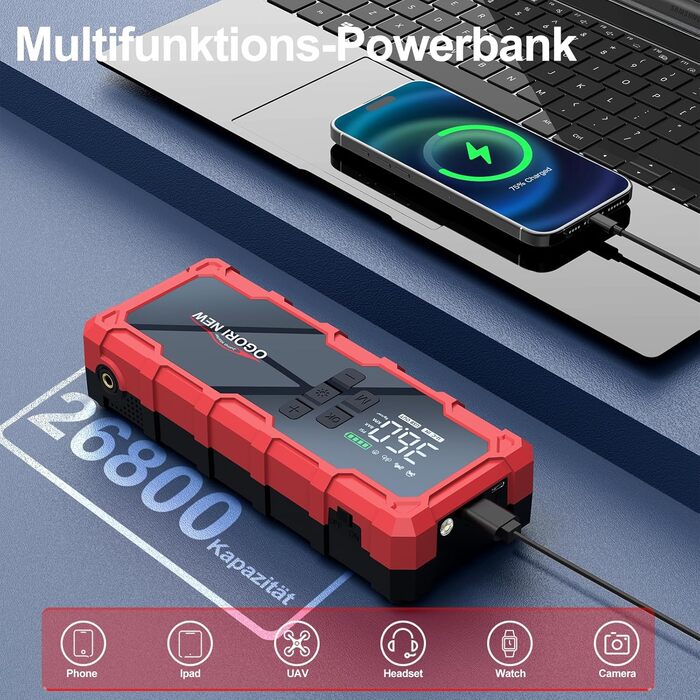 Powerbank з компресором та пусковим пристроєм Starthilfe 6000A, 12V, LED ліхтарик, для 8L бензину/10L дизеля