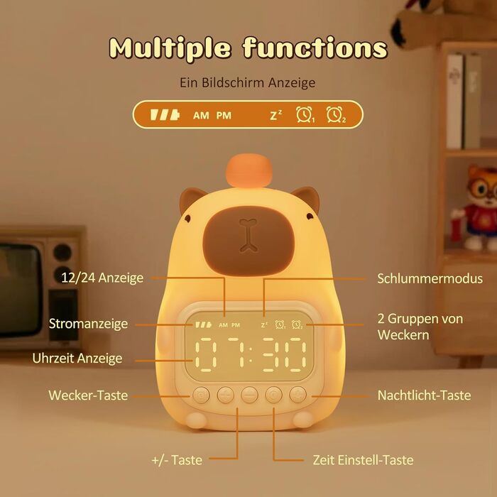 Capybara Alarm Clock with Night Light for Kids, 7 RGB Colors Cute Alarm Clock for Bedrooms, Ok to Wake Alarm Clock, Silicone Animal Table Lamp for Teenagers, Girls and Boys