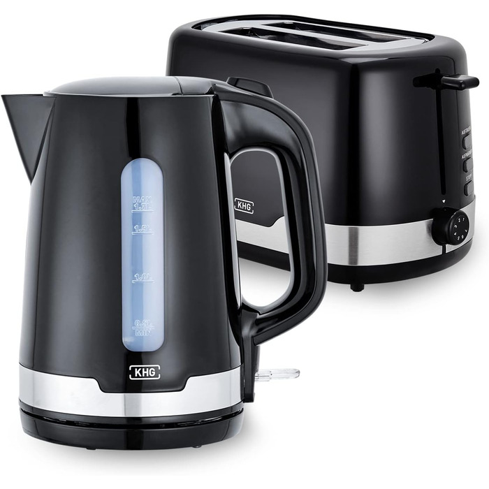 Набір чайник та тостер KHG | Чайник 2.200 Вт, тостер 850 Вт | Об'єм 1,7 л, 2 тости | Чорний кухонний набір з фільтром від накипу та піддоном для крихт