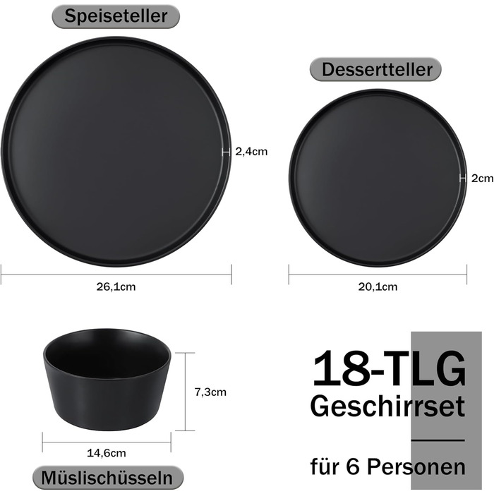 Набір посуду Homikit на 6 осіб: тарілки, миски, десертні тарілки, реактивна глазур, чорний колір, 18 шт.