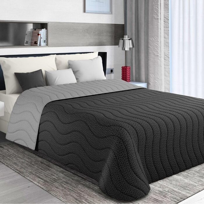 Тagesdecke 240x260 см Чорний/Сірий: двостороння постільна ковдра для дволіжка, стегане покривало з мікрофібри, Made in Italy