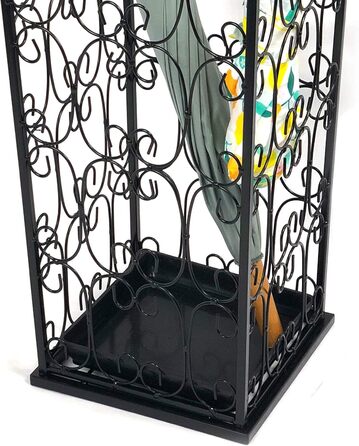 AcornFort Large Black Metal Umbrella Stand with 4 Hooks - Entryway, Office, Hallway Storage - Water Resistant Base (56x25x25cm)