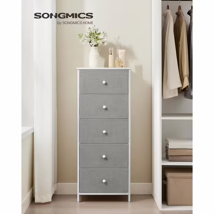 SONGMICS Chest of Drawers, Storage Cabinet with 4 Fabric Drawers, Metal Frame, Tall and Narrow, White-Oak Finish LTS314W57 (Pigeon Gray + Cream White, 29.8W x 45D x 112.3H cm (5 Drawers))
