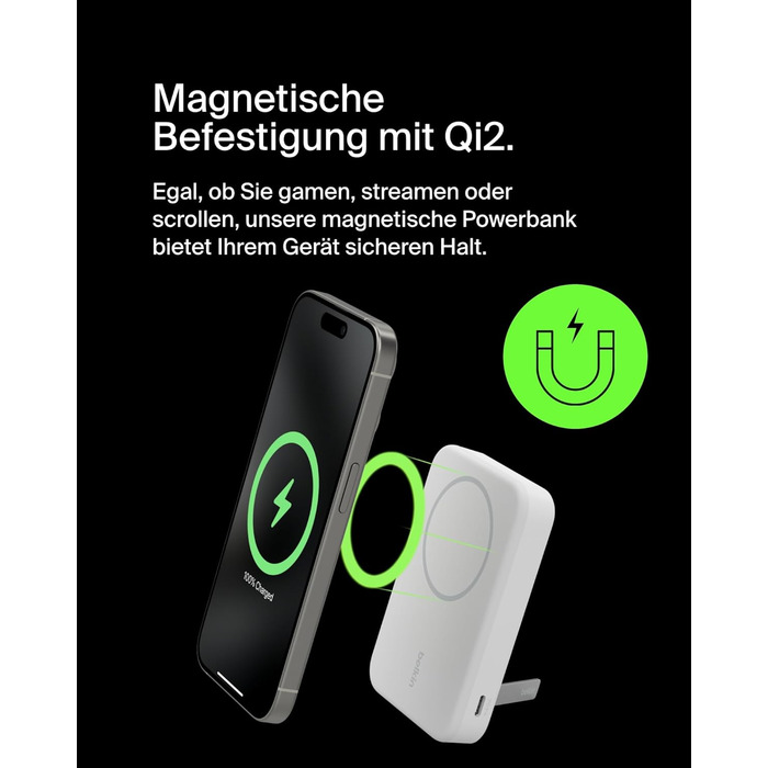 Belkin BoostCharge Pro Powerbank 10000mAh з Qi2, MagSafe, вбудований стійка, для iPhone 17, Air, 16, 15, 14, Pixel та інших – білий