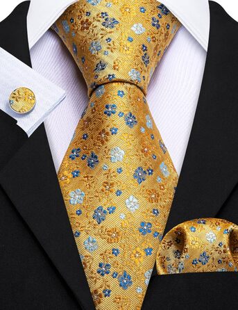 Набір краваток Barry.Wang для чоловіків: 4 шт. (краватка, кишеньковий хустинка, краваткові затискачі, затискач), класичний сатин, жовтий квітковий принт, для весілля та офіційних заходів