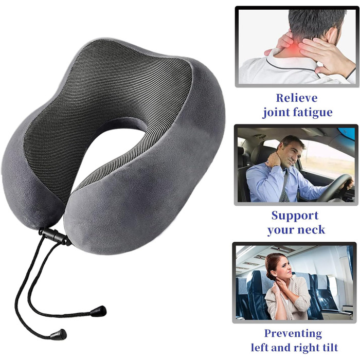 Подушка для шиї Poligono для подорожей: компактна, з піною з пам'яті, для літака, м'яка та комфортна (темно-сіра)