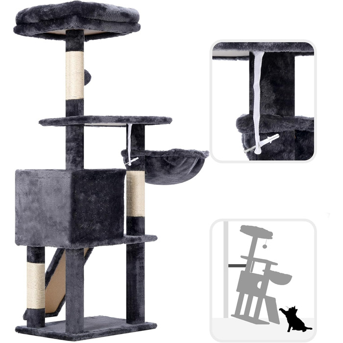 Котячий будиночок Hey-brother Kratzbaum 108 см, багатоярусний котячий комплекс з когтеточками, рампою, кошиком, будиночком та іграшкою-помпоном (димно-сірий), MPJ007SW