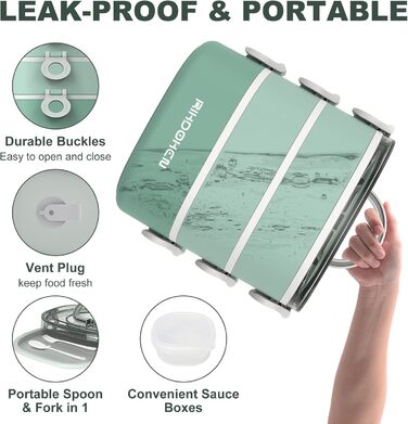 RIKDOKEN Ланчбокс 3-ярусний, 2.7л, з ложкою та виделкою, для дітей та дорослих, зелений