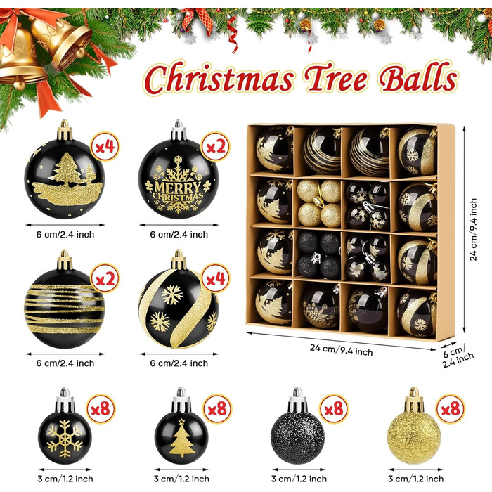 Набір прикрас для ялинки Ilauke, 44 шт. Ялинкові кулі з пластику червоного та білого кольорів, 3 та 6 см. Декорації для ялинки на Різдво, вечірку, дім, весілля. Червоний, білий, чорний, золотий кольори.