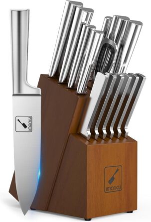 IMARKU 15-Piece Japanese Stainless Steel Knife Set with Block - Professional Kitchen Knife Set with Sharpener & Cleaning Block
