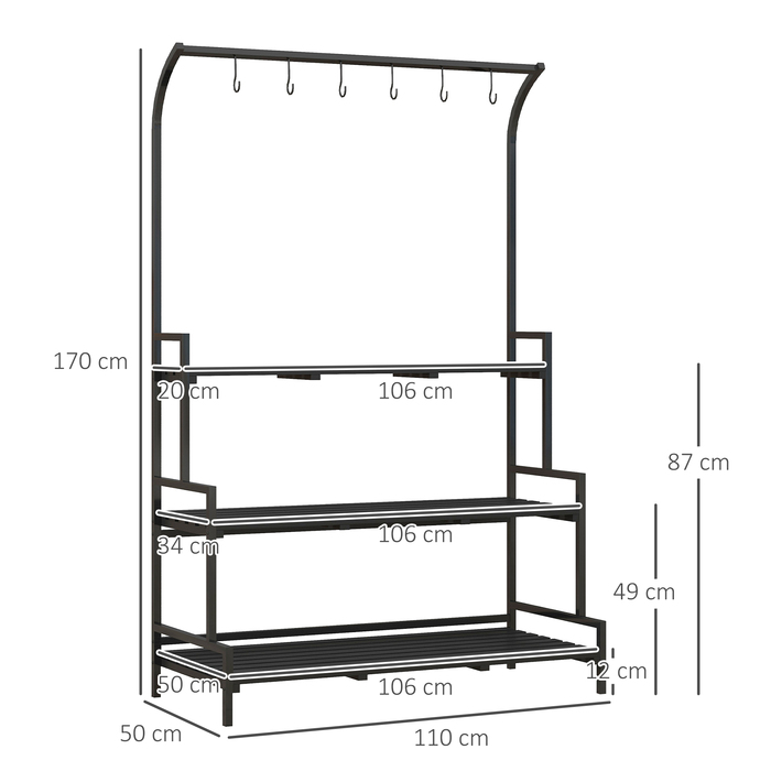 Outsunny 3-Tier Plant Stand Flower Stand with 6 Hooks, Black Steel Plant Ladder, 110x50x170cm for Garden and Balcony