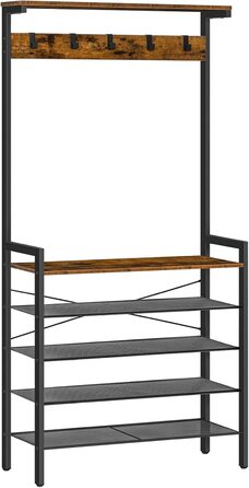 HOOBRO Coat Rack, 5-Tier Shoe Shelf, Wardrobe, Clothes Rack with 5 Removable Hooks, Top Shelf, Entryway, Living Room, Vintage Brown-Black EBF74MT01