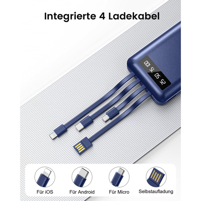 Powerbank 26800mAh з 4 вбудованими кабелями, 22.5W, LED дисплеєм та підставкою, блакитний. Сумісний з iPhone, iPad, Samsung Galaxy.