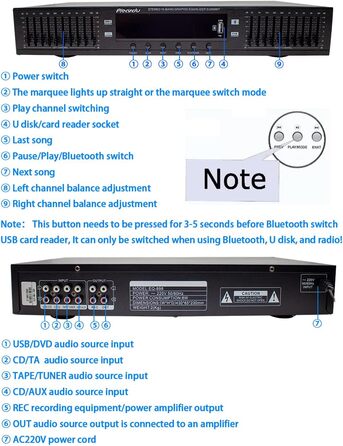 HIFI цифровий стерео еквалайзер Toplionace EQ898, 220В, USB, Bluetooth, двоканальний, 10-смуговий, чорний, для дому та сцени