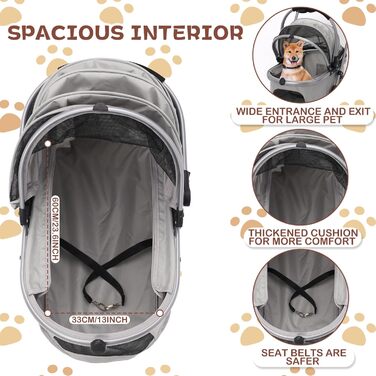 Візок для собак Siairo 3-в-1, сірий. Будка для собак середніх порід до 20 кг, переноска, автокрісло, відділення для їжі