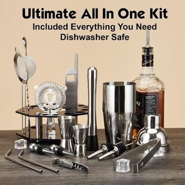 Набір для коктейлів 21 предмет | Набір шейкерів для коктейлів з обертовим підставкою | Шейкер з міцної нержавіючої сталі з аксесуарами | У комплекті стильна чорна подарункова коробка | Барний набір (Рожеве золото) (Срібло)