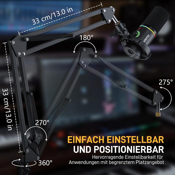 Тримач для мікрофона Maono BA20, регульований, для подкастів, геймінгу, стрімінгу та запису звуку, з кріпленням до столу та адаптером 3/8' - 5/8'
