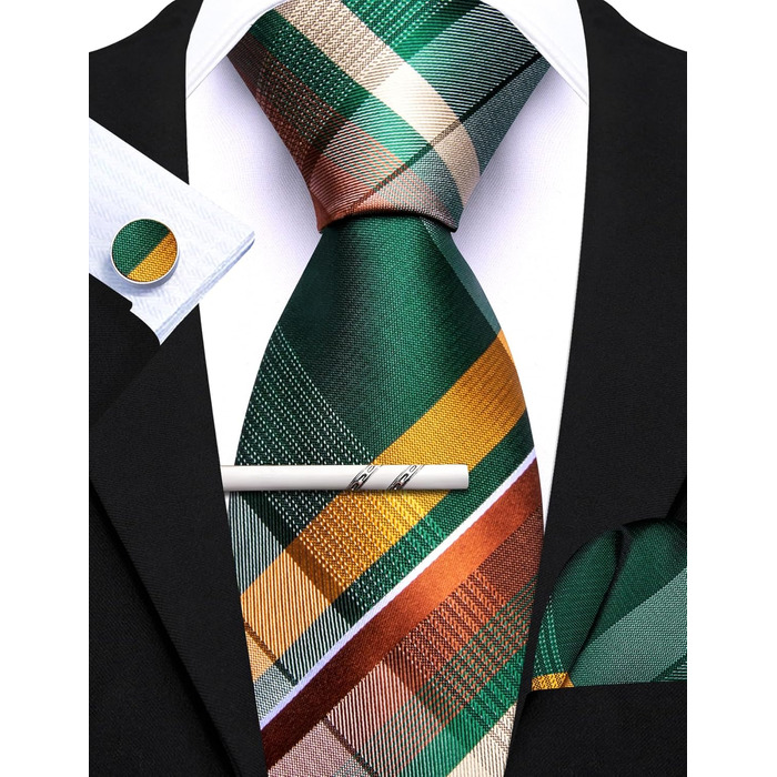 Краватка Barry.Wang в клітинку з набором для краватки (хустинка, краватка, запонки) – зелено-жовта