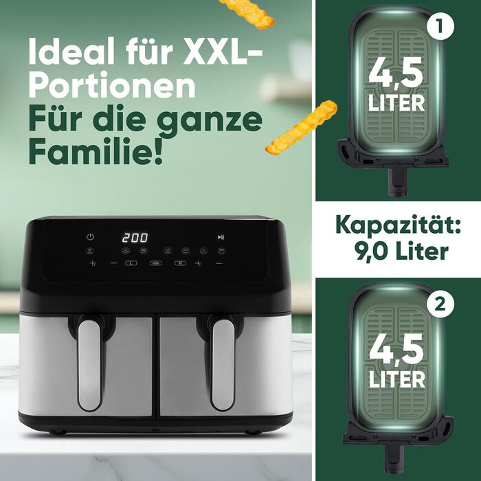Фритюрниця ProfiCook з 2 камерами | Airfryer | 9 літрів | Фритюрниця з функцією одночасної готовності | Без олії | Антипригарне покриття | PC FR 1296 H з нержавіючої сталі