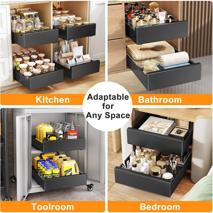 SAYZH Telescopic Drawer, Extendable Drawer Storage Shelves for Kitchen Cabinets, Extendable Pull-Out Drawer (43 Depth x 25 Width x 9 Height cm), No Drilling and Nailing Required