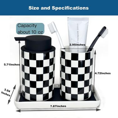 Modern bathroom set, ceramic, glazed, black and white checkered accessory set with soap dispenser, toothbrush holder, and vanity organizer.